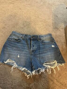 Free People Blue Distressed High-Rise Denim Shorts